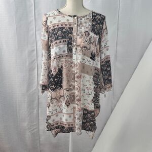 Fig and Flower Womens M Floral Paisley Patchwork Pink Black Beige Boho Tunic Top